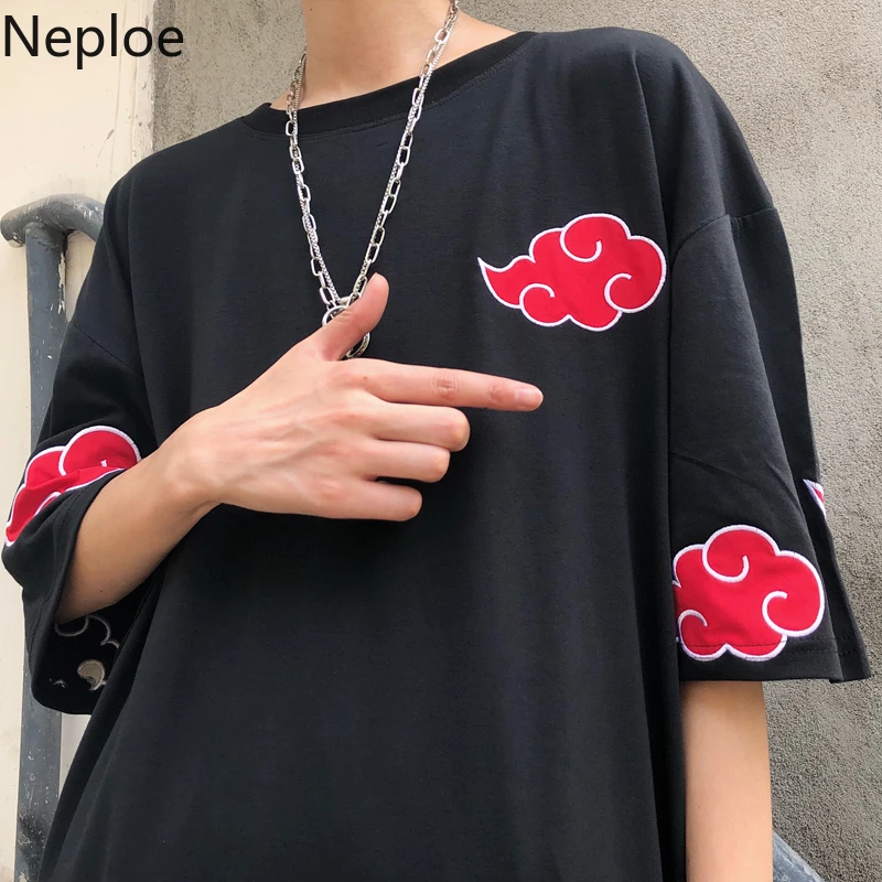 

Neploe Clouds Appliques Embroidered T Shirts Japanese Loose Short Sleeve T-shirt Women Men Black Causal 2019 Summer Tees 53254