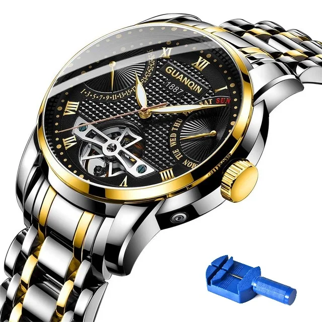 GUANQIN GH17002 автоматические мужские часы с автоматическим заводом механические часы Tourbillon Дата Неделя люксовый бренд Мужские часы ремешок для часов инструмент для фиксации - Цвет: Gold Black with Tool