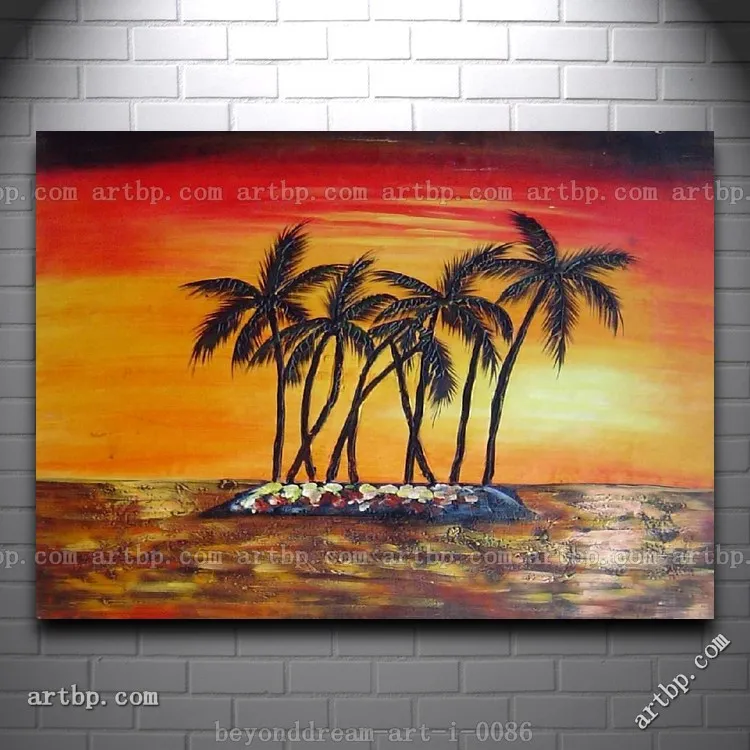 Junto a la playa palmeras bajo Golden Sunset pintura al óleo
