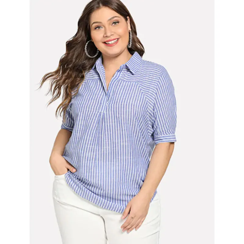 

New 2019 Spring Summer Plus Size 4XL Women Pullover European Style Striped Female Half Sleeve V-Neck Tops Brand Design Clothes