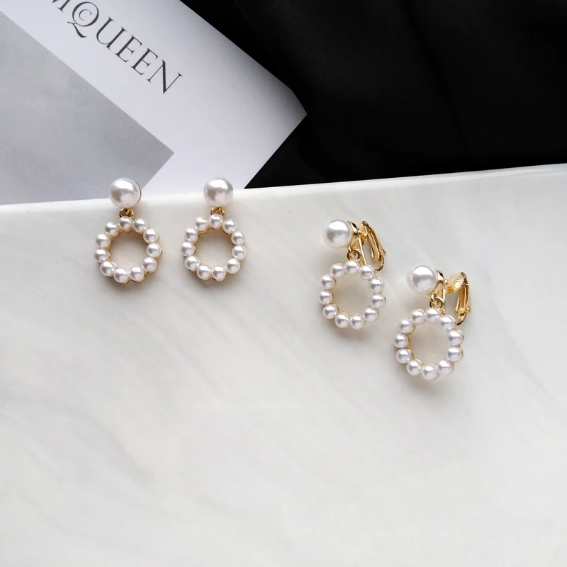

Free Shipping New Cute Geometric Elegant Pearls Clip Earrings