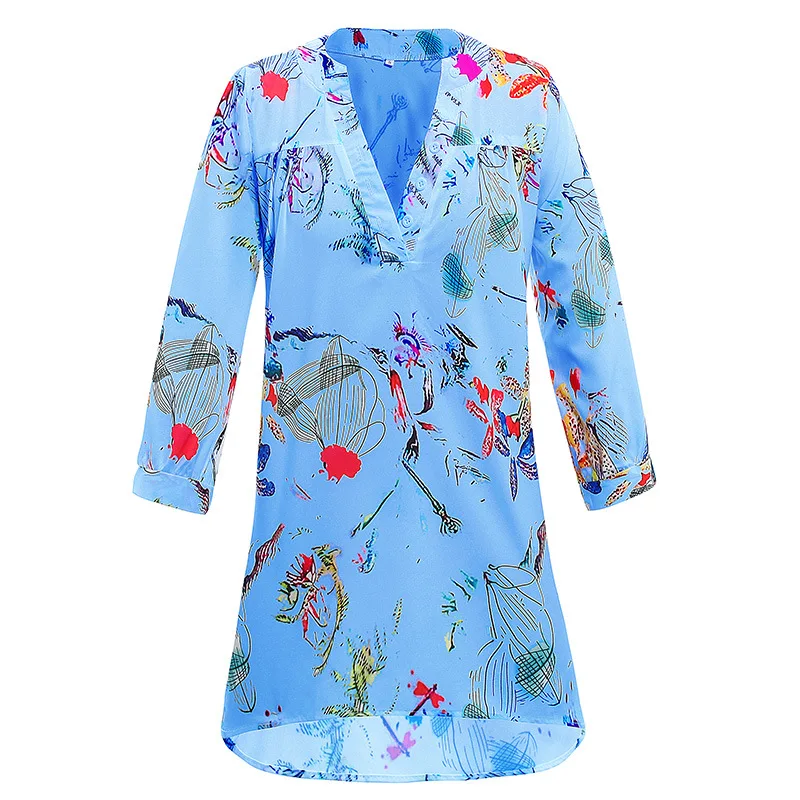 زائد حجم النساء بلوزة الأزياء الأزهار قمصان الخامس الرقبة ثلاثة الأكمام الربع عارضة السيدات طباعة قميص فضفاض القطن الإناث قمم 5XL