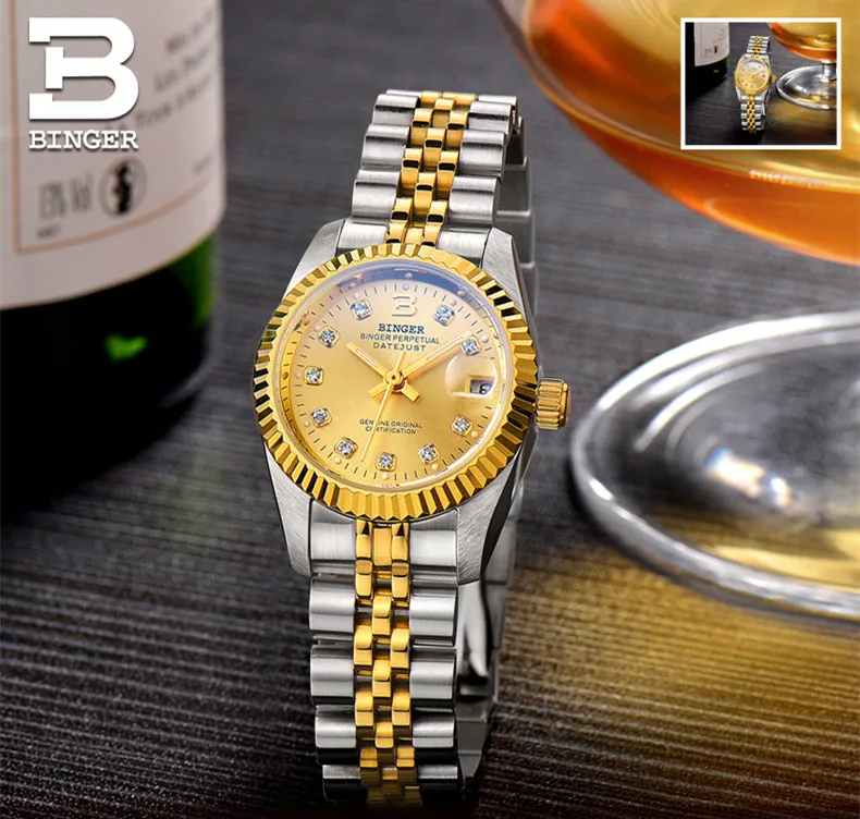 cristal auto-vento mecânico pulseira de aço completo
