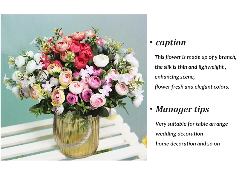 JAROWN Artificial Camellia Flowers 5Branch Simulation Silk Tea Rose Bouquet For Home Party Decor Wedding Decoration (37)