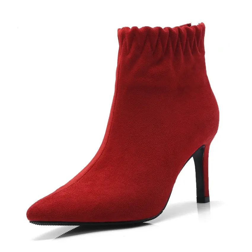 QUTAA/ г. Женские ботильоны пикантная универсальная элегантная зимняя обувь на тонком высоком каблуке с острым носком женские ботинки большой размер 34-43 - Цвет: Красный