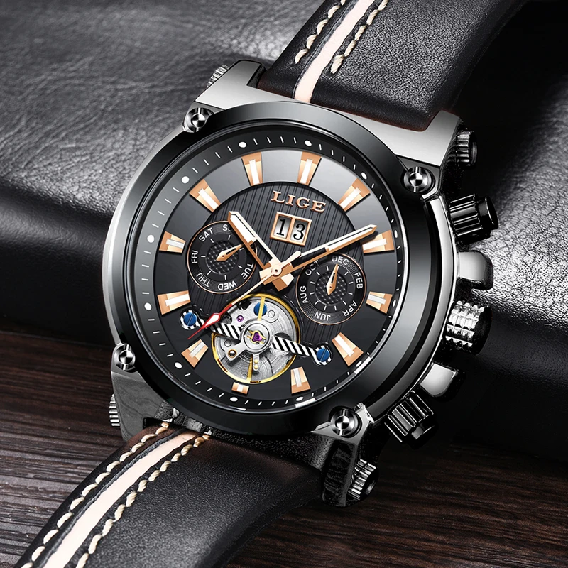 LIGE Брендовые мужские часы автоматические механические часы Tourbillon спортивные часы кожаные повседневные деловые часы в ретро-стиле Relojes Hombre