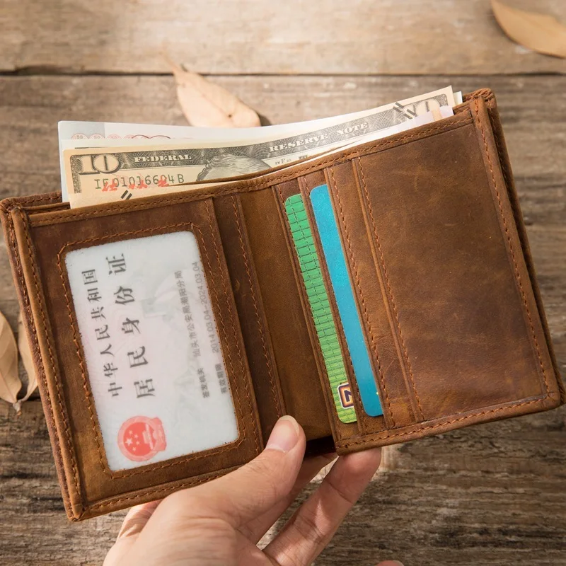 

2019 Vintage Crazy Horse Handmade Leather Men Wallets Multi-Functional Cowhide Vintage Purse Genuine Leather Wallet For Men