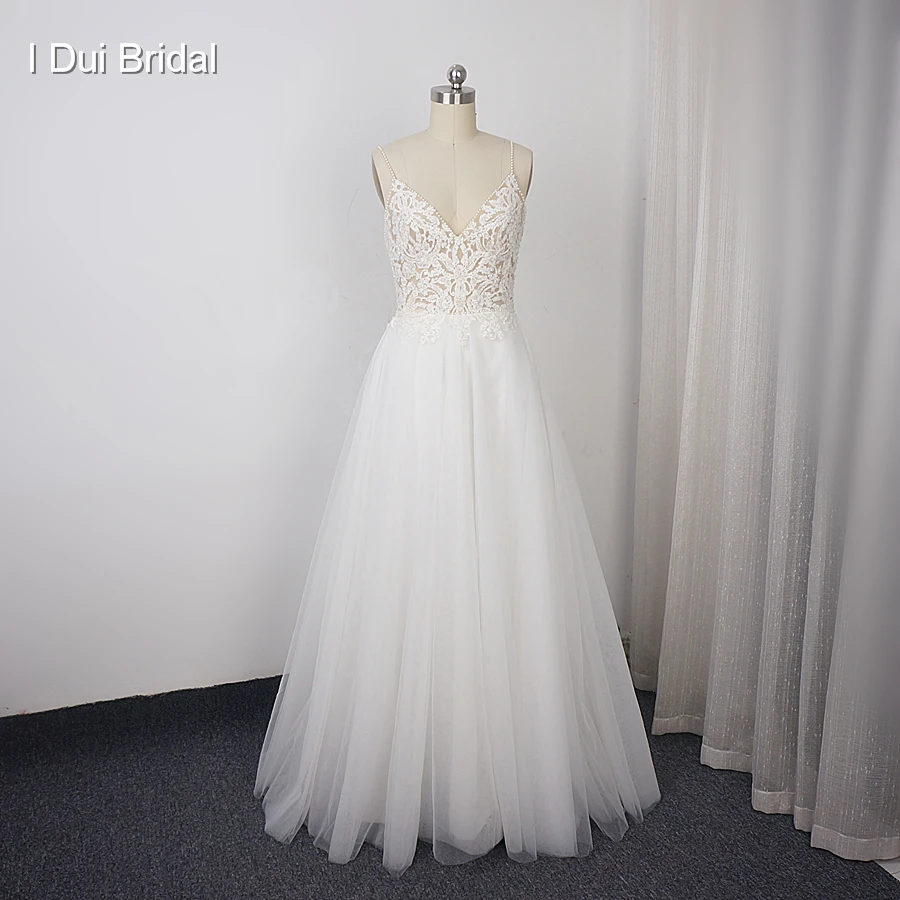 

Spaghetti Strap Wedding Dress A Line Lace Appliqued Pearl Beaded Top Tulle Skirt