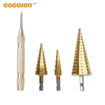 

3pcs Hex Hss HSS Step Cone Titanium Drill Bits Hole Cutter + 1pcs Automatic Center Punch Set Cone Drill Hole Cutter Bit Set