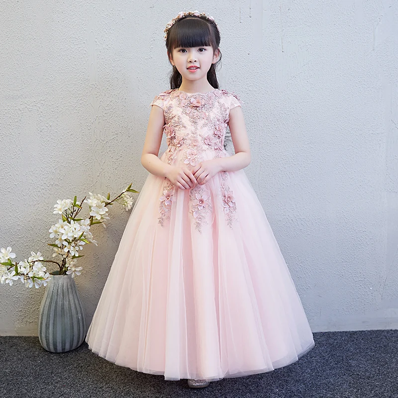 

Pink Bead Lace Flower Girl Dress Appliques Pageant Girl Wedding Dress Elegant Formal Teenagers Party First Communion Gowns