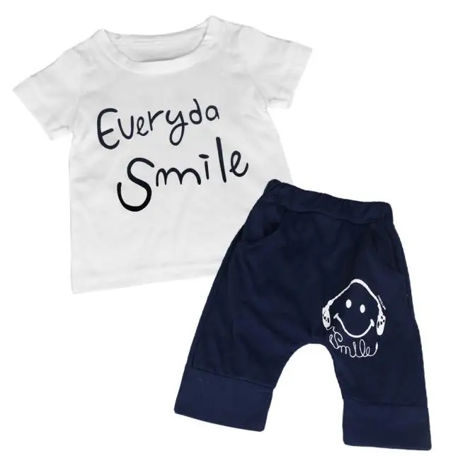 

2019 kids Summer Cotton Clothes Smile Face Printed T-shirts pants pajama set Size 90-120 Outfit 2019