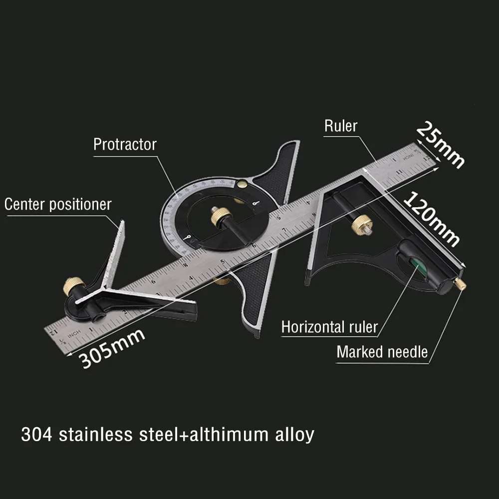 3 in1 регулируемая нескольких Комбинации 300 мм Нержавеющая сталь Транспортиры MITRE Угол Finder позиционер уровень правитель инструмент измерения
