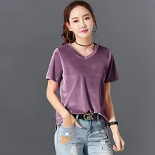 Велюровая футболка, женские футболки, повседневный Топ, v-образный вырез, короткие рукава, однотонные, 9 цветов, простой дизайн, базовая одежда, новая мода, лето