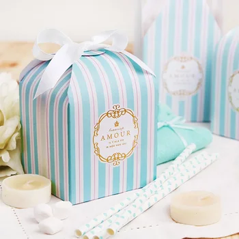 

8*8*8cm 10 Pcs blue line Paper Box as Wedding Birthday Christmas Storage Boxes Cookie Candy Chocolate Macaron packaging