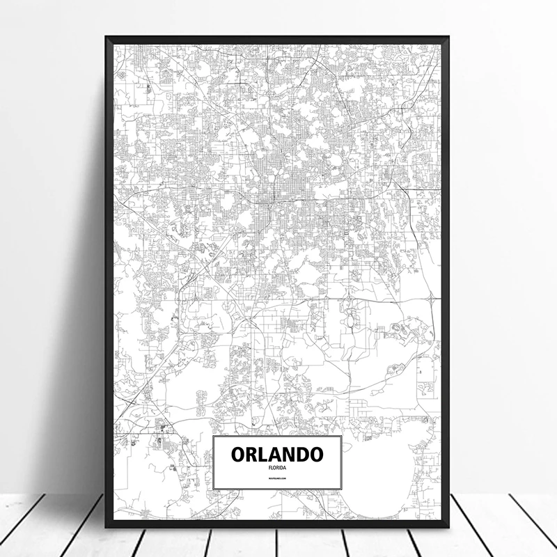 Orlando, Флорида, США черный, белый цвет Custom World City Map Печать на холсте Стена в скандинавском стиле книги по искусству домашний декор