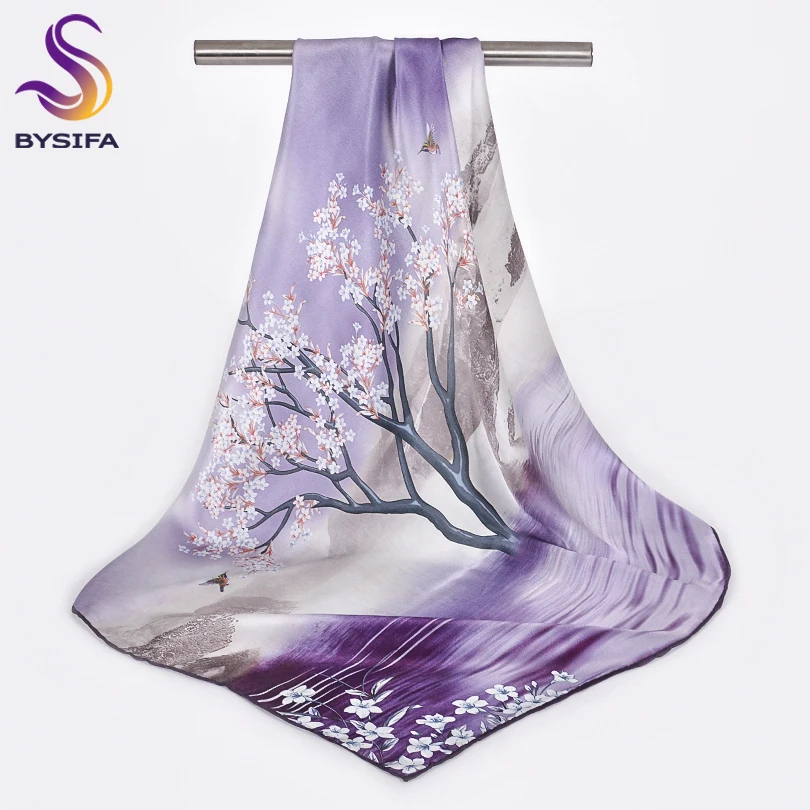

[BYSIFA] Purple Ladies Silk Scarf Fashion Accessories Brand 100% Natural Silk Scarves Shawls Fall Winter Women Head Hijab Scarf