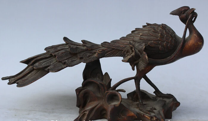 

11" Old China Bronze Phoenix Bird Peacock Peafowl Flower Animal Statue Sculpture S0706