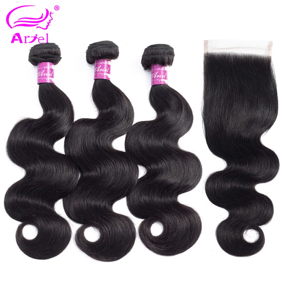

ARIEL Body Wave 3 Bundles With Closure Peruvian Hair Weave Bundles With Closure Non Remy 100% Human Hair Bundles With Closure