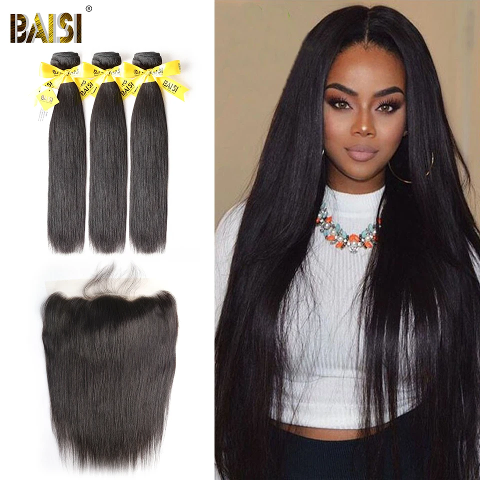 

BAISI Hair Unprocessed Human Hair Peruvian Straight Virgin Hair 3 Bundles with 13x4 Lace Frontal 100% Human Hair
