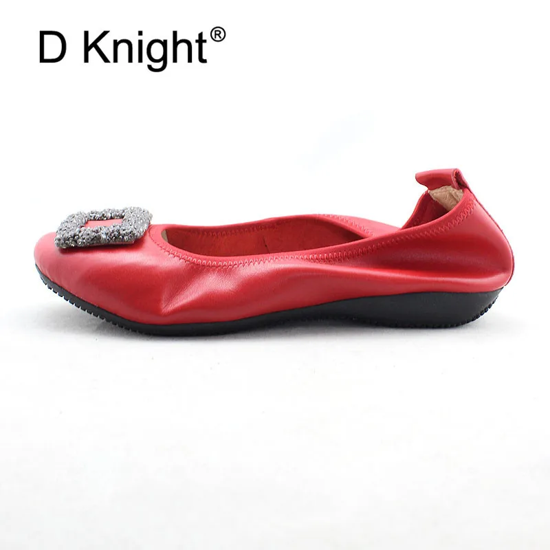 Natural Leather Loafer Womens Shoes Round Toe Slip On Ballet Shoes with Rhinestones Shallow Mouth Flats Ballerinas Women Size 12 (6)