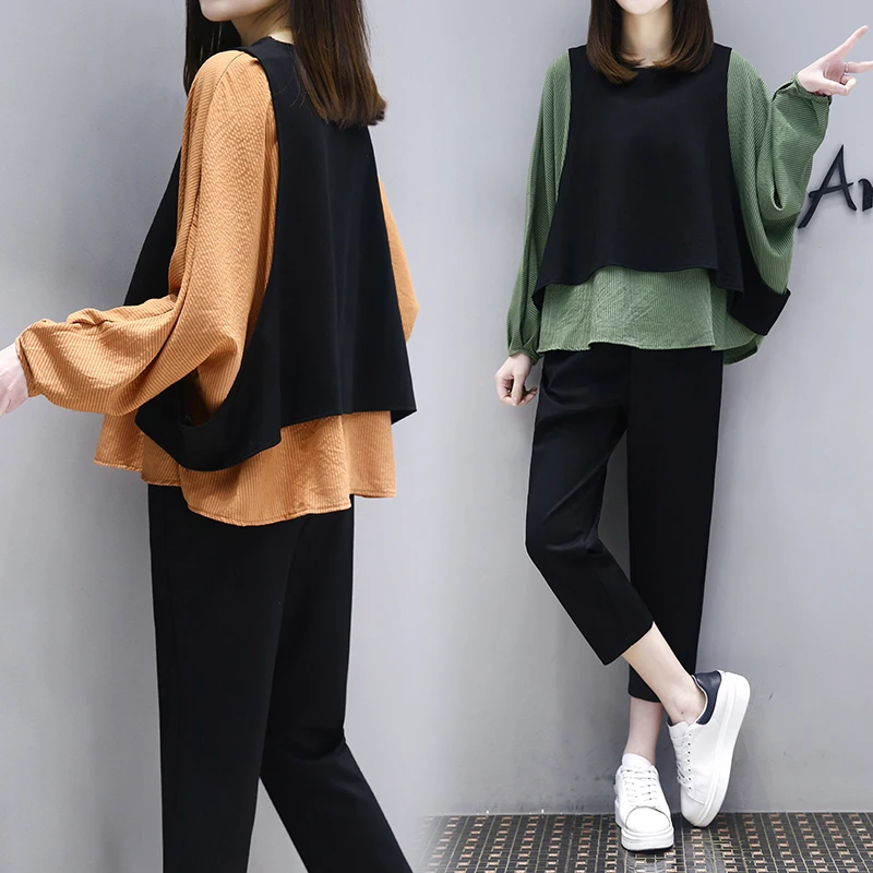 

plus size XL - 4XL autumn bat wing long sleeve women striped blouse top + ankle pants 2 piece outfit casual fashion wear D107