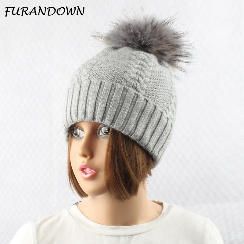 FURANDOWN 15cm Skutečná kožešina Pompoms Hat ženy Zimní čepice čepice pletené vlněné čepice čepice