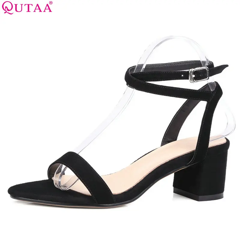 

QUTAA 2018 Women Sandals Cow Suede Pointed Toe All Match Shoes Buckle Square High Heel Westrn Style Women Sandals Size 34-39
