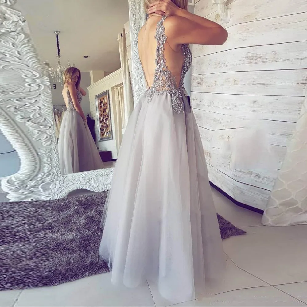 Silver 2019 Prom Dresses A-line Deep V-neck Tulle Beaded Lace Slit Party Maxys Long Prom Gown Evening Dresses Robe De Soiree