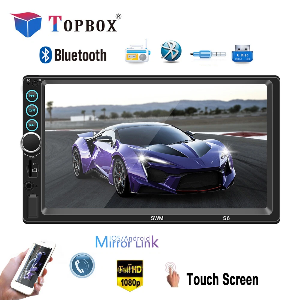 

Topbox 2 Din 7"Car Multimedia Player Autoradio Bluetooth Car Stereo Radio Audio Media MP5 Player with IOS/Android Mirror Link