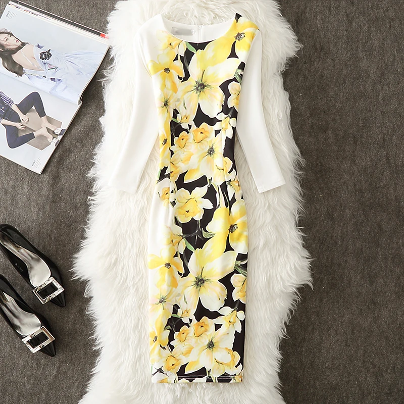 ALABIFU весеннее летнее платье женское повседневное размера плюс Цветочные Длинные вечерние платья для офиса облегающее платье карандаш белое Vestidos 4XL - Цвет: 4