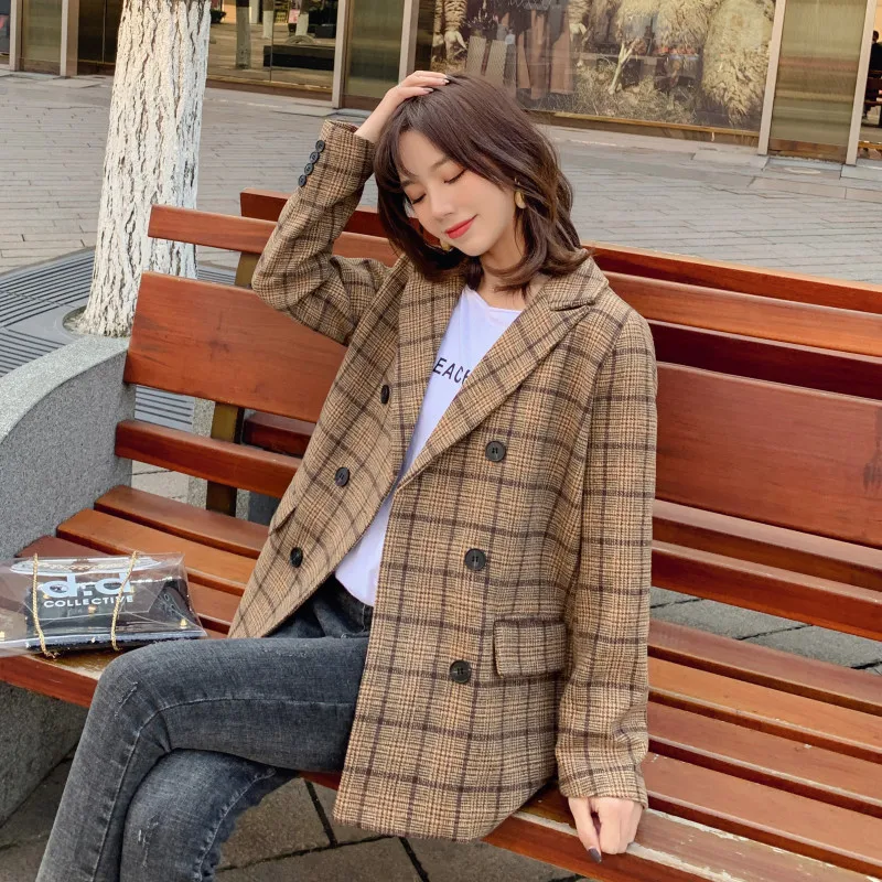 

Women casual woolen jacket Plaid wool Blazer suit Female Autumn winter feminino plaid suit jacket Suit Plaid Loose Blazer
