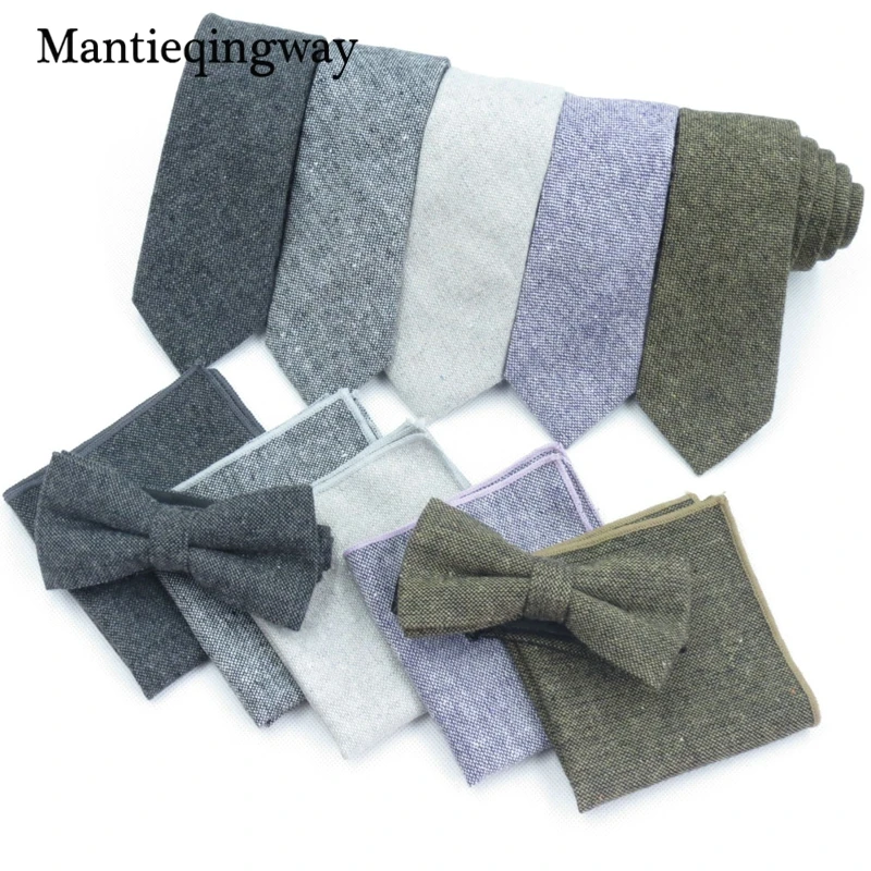 Mantieqingway модные Для мужчин s шерсть + галстук из Полиэстера Галстук-бабочка платок комплект Повседневный галстук для Для мужчин свадебные