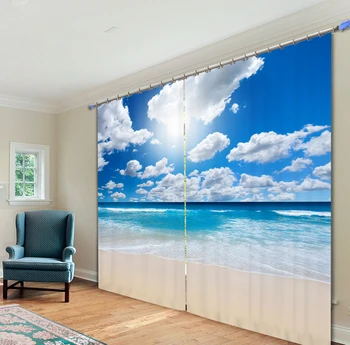 

Blue sky/White clouds/Sea/ Sandy beach Curtains 3D Photo Printing Blackout For Window Living Room Bedding Room Hote Office