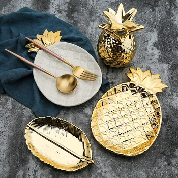 

Nordic Ceramic Storage Tray Snack Fresh Food Rod Strip Plate Home Kitchen Desk Office Organizer Golden Pineapple Leaf Shape Dish