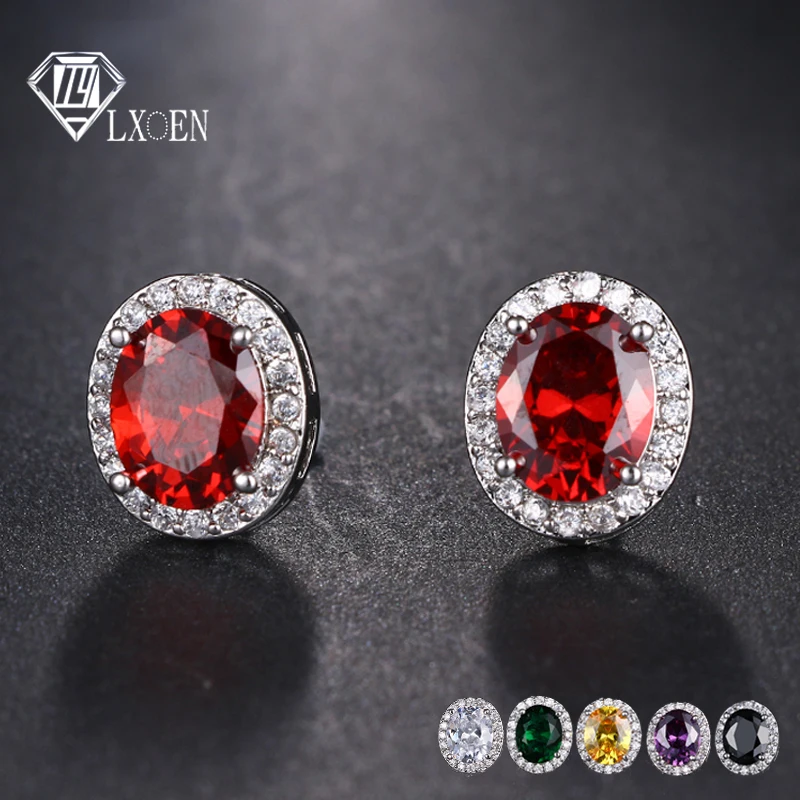 

LXOEN Oval Druzy Red Cubic Zircon Stud Earrings for Women Crystal Silver Color Earring Pulseras Mujer Gifts Charm Jewelry Bijoux