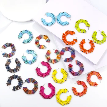 

AENSOA Colorful Raffia Earrings for Women C Shape Boho Handmade Ethnic Wedding Lafite Round Geometric Statement Drop Earring