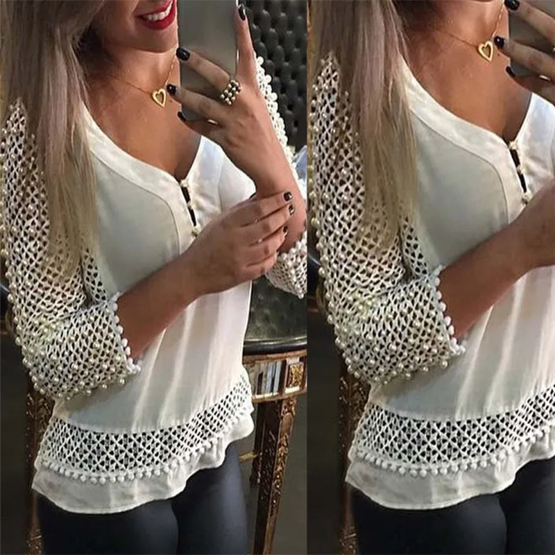 

Women V-neck Plus Size Tops Long Sleeve Shirt Casual Blouse Fashion New style Fashion Summer Lace Tops sexy white blouses