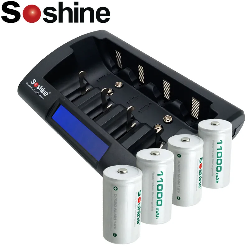 4 шт Soshine D/R20 размер перезаряжаемые батареи NiMH 11000mAh с Ni-MH/Ni-Cd AA 9V D C зарядное
