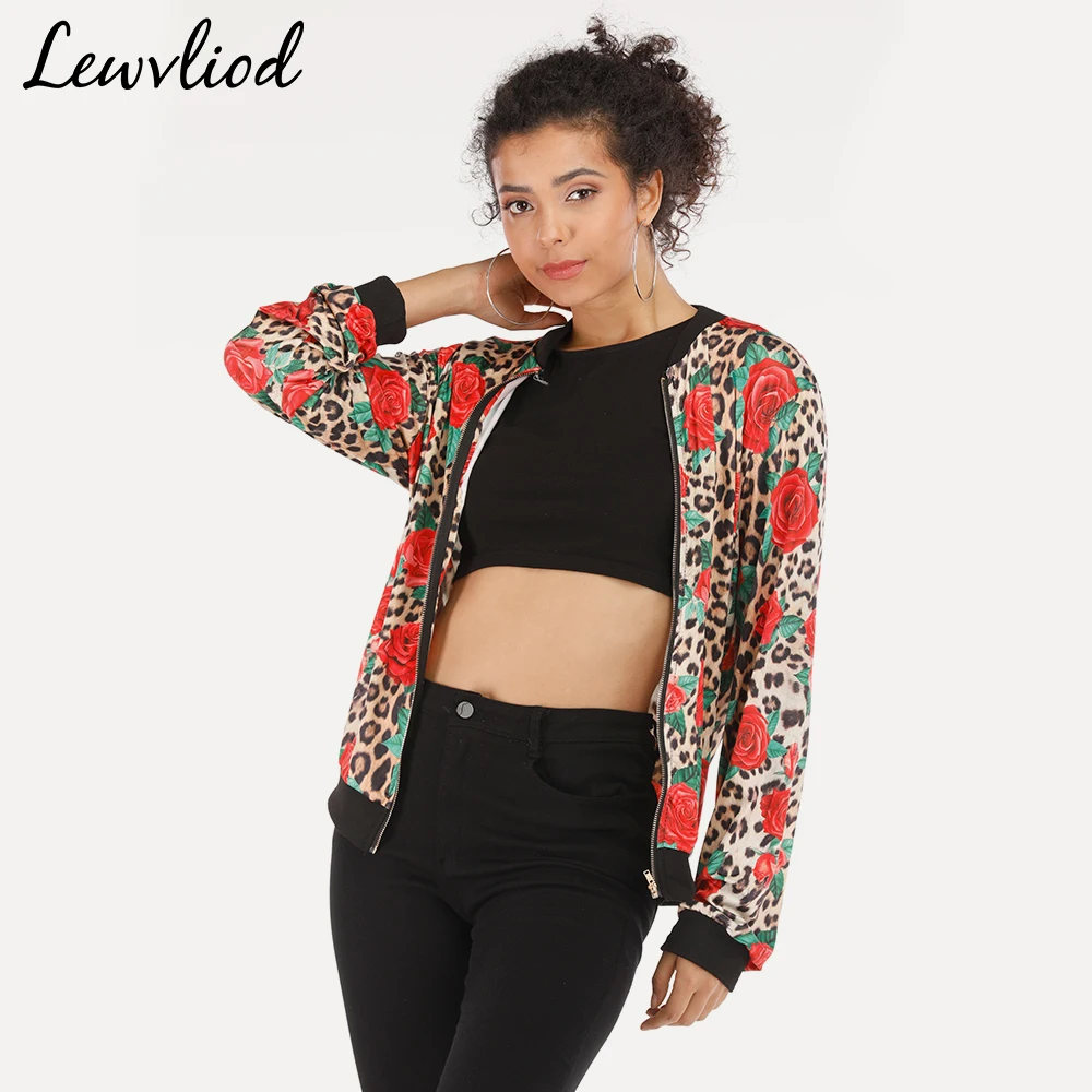

2019 New Rose Leopard Print Short Jacket Women Spring Summer Thin Oversized Jacket Coat O-Neck Long Sleeve Zipper Bomber Jacket