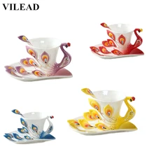 VILEAD, китайский стиль, павлин, керамическая кофейная кружка, элегантная, павлинья, эмалированная фарфоровая кружка с тарелкой, ложкой, чашка для утреннего чая, чашка для воды