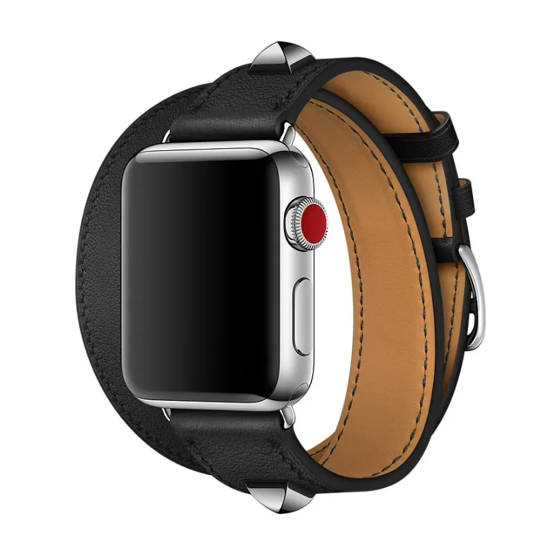 Натуральная кожа двойной тур заклепки пользовательское издание часы ремешок для Apple Watch 44 мм 40 мм Замена для iWatch серии 4 3 2 1 ремень