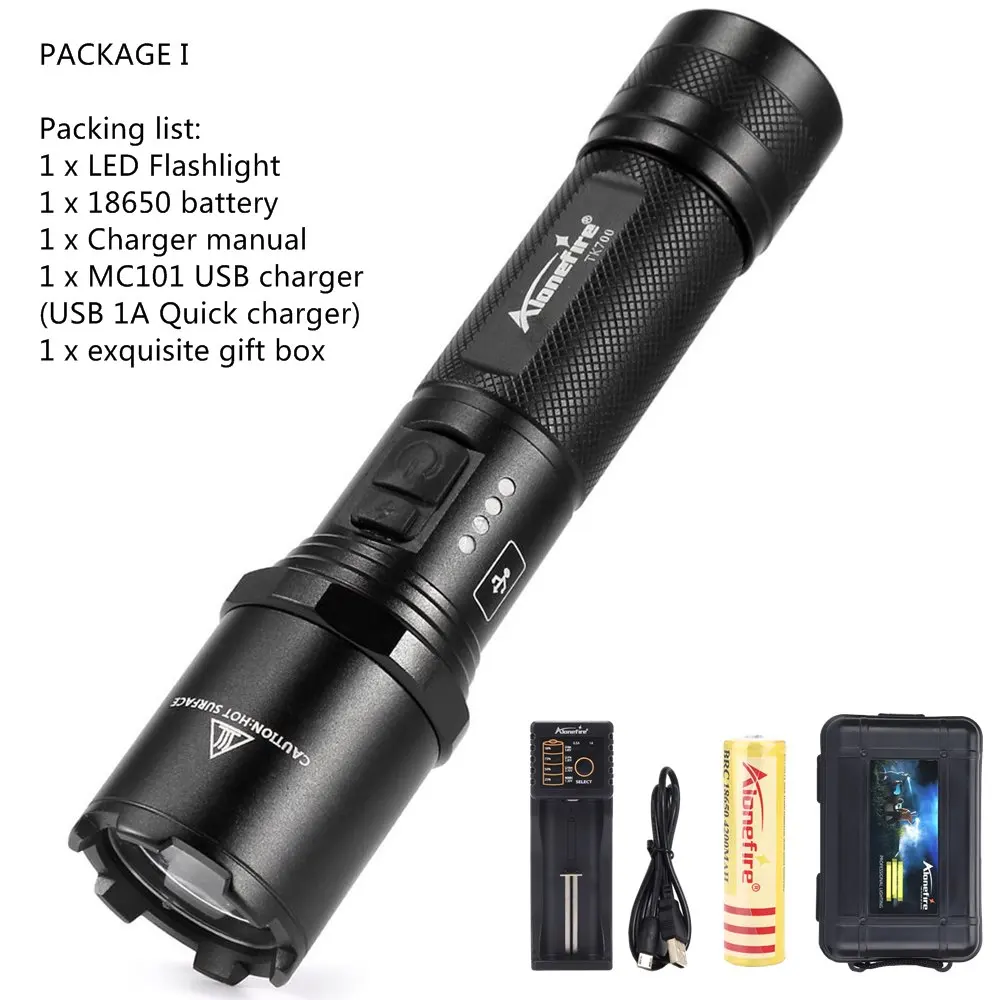 AloneFire TK700 CREE L2 светодиодный светильник с зарядкой от USB, тактический фонарь, мигающий фонарь для самообороны, полицейский рабочий светильник 18650 - Испускаемый цвет: PACKAGE I