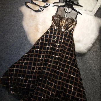 

New case grain color paillette dinner dress sexy female host party dress