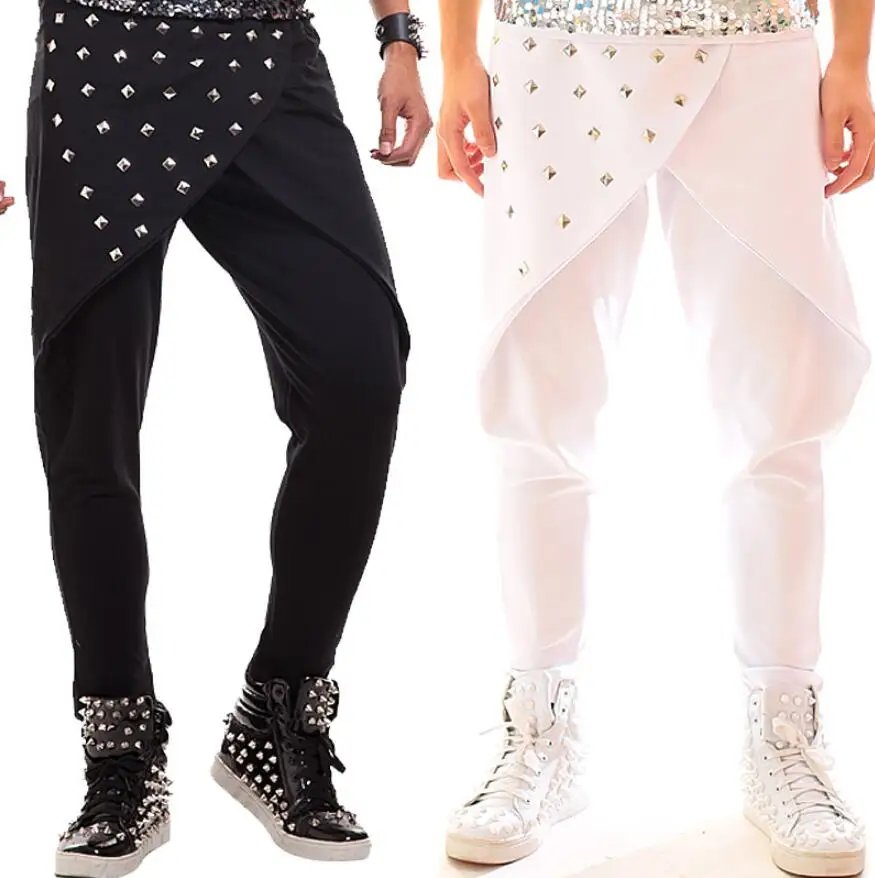 4 цвета бар мужской DJ костюмы заклепки рок концертный шаровары штаны стилиста звезды певцы сценические брюки Индивидуальность Мода