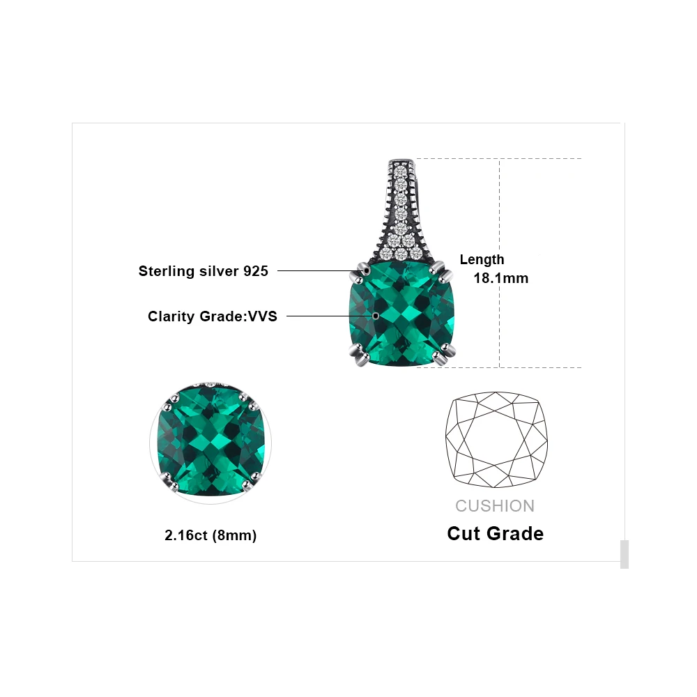 JewelryPalace Classic 2.1 ct Cushion Created Emerald Pendant For Women 925 Sterling Silver Brand Vintage Jewelry Without Chain