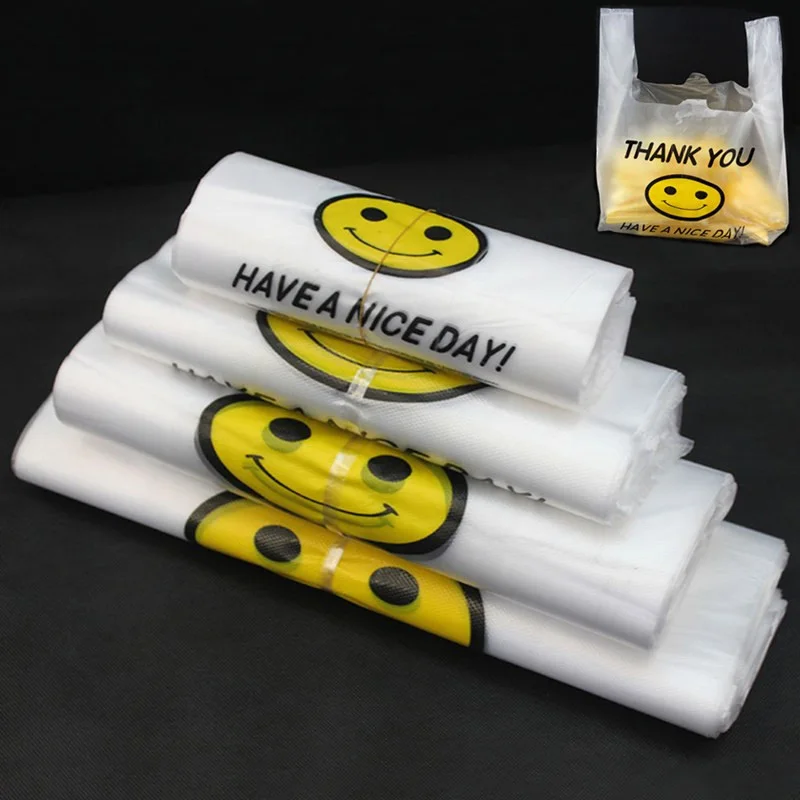 

50pcs Plastic Transparent Bags With Handle Smile Thank You Cellophane Gift Bag Supermarket Shopping for Food Candy Wrapping Bags