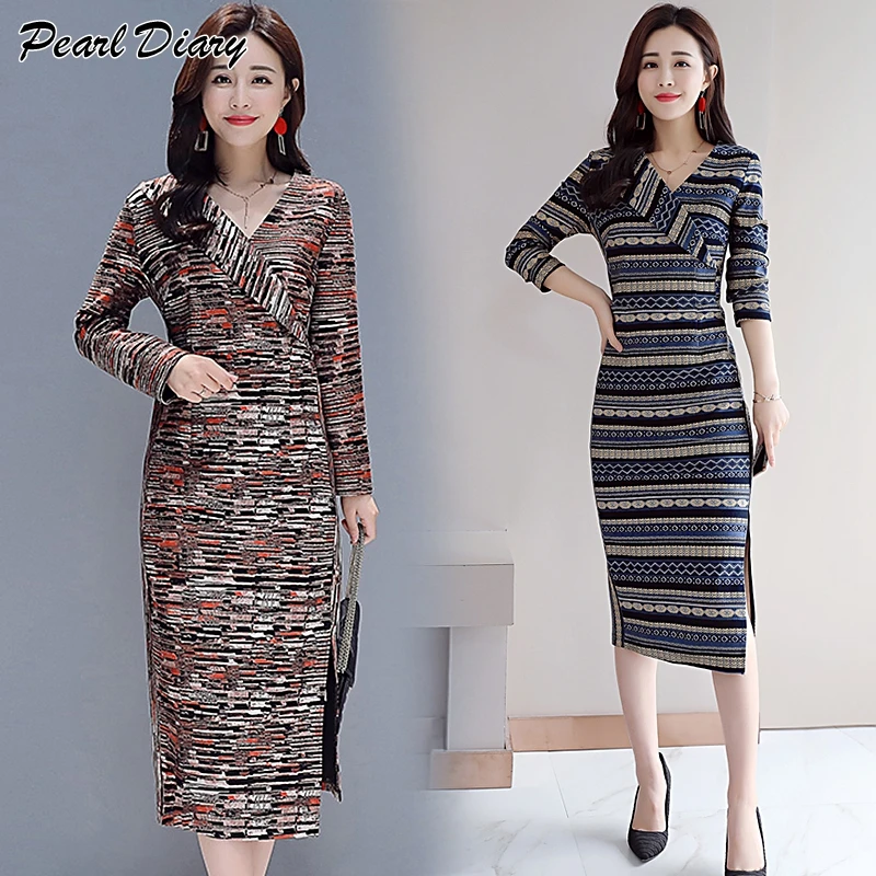 

2019 Spring Women Dresses Vintage Print Long Sleeve Bodycon Midi Dress Office Lady Elegant Party Slim Pencil Dress Plus Size 4XL