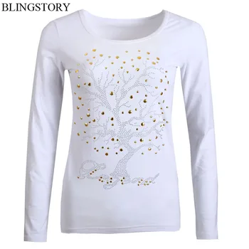 

BLINGSTORY Autumn Long Sleeve Plus Size Lady Tops Diamond O-neck Basic Woman T-shirts
