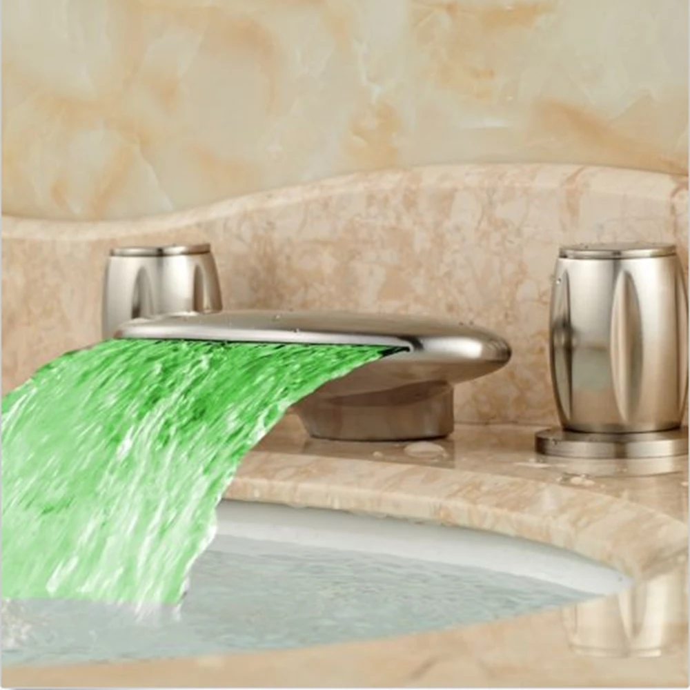 

Nickel Brushed Waterfall Basin Faucet LED Spout Vanity Mixer Tap Dual Handles