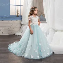 Light Blue Girls Dresses With Butterfly Short Sleeves Ball Gown O-Neck First Girls Communion Gown Girls Pageant Dress New 0-12 Y